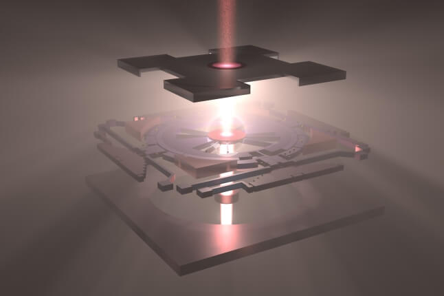 A 3D rendering of a the layered twisted moiré photonic crystal device emitting a central beam of light, with a metallic and geometric design.